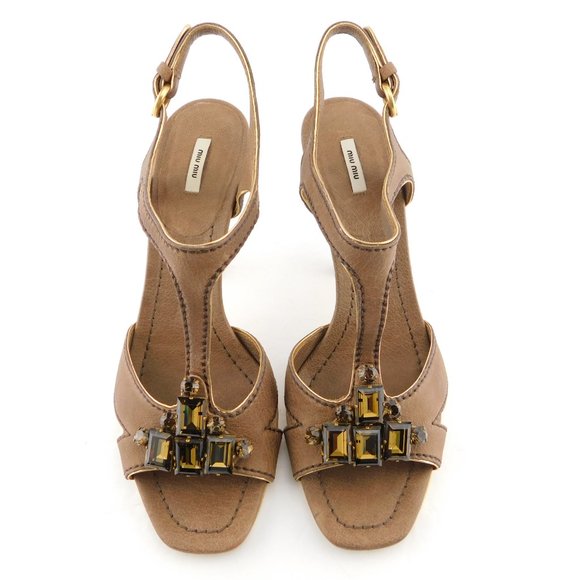 MIU MIU Crystal Gemstone Embellishment Brown T-strap Heel Pump Sandals 38.5 - Picture 2 of 9